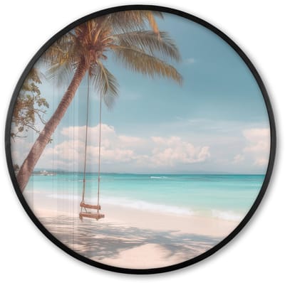 Poster in lijst Rond - Fotolijst 60x60 cm - Posters - Palmboom - Schommel - Strand - Lucht - Ronde posterlijst zwart - Decoratie - Wanddecoratie woonkamer - Muurdecoratie slaapkamer
