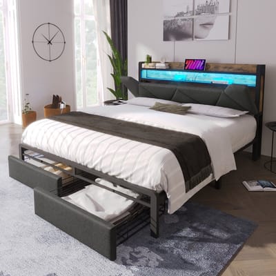 DESMIU Gestoffeerd Bed 140x200 cm – Hoofdbord Met Opbergruimte, Led En Usb C – Met 2 Laden – Voor Slaapkamer – Linnenlook – Grijs – Zonder Matras