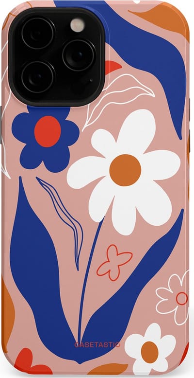 Casetastic hoesje geschikt voor Apple iPhone 13 Pro Max - MagSafe - Dubbellaagse bescherming - Eenvoud in bloei - Fashion Case - Perzik Donkerblauw Wit