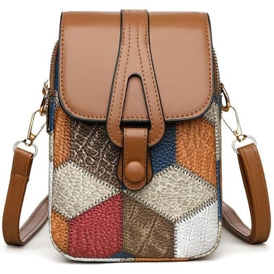 Sac bandoulière pour femme à motif géométrique vintage, sac à bandoulière matelassé brodé avec bandoulière réglable, fermeture zippée, détail de peinture de bord marron