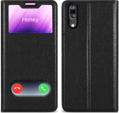 Cadorabo Hoesje geschikt voor Huawei P20 in KOMEET ZWART - Beschermhoes met magnetische sluiting, standfunctie en 2 kijkvensters Book Case Cover Etui