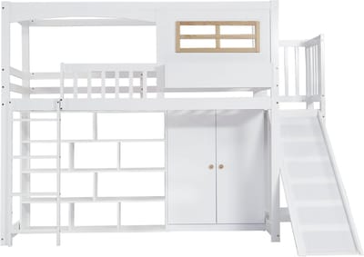 REDOM Stapelbed 90x200 cm – Wit/naturel – Met glijbaan, kast & opbergruimte – Massief hout – EN-747