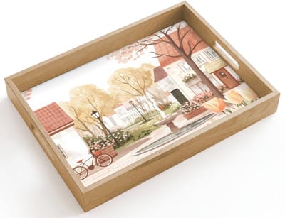 Dienblad hout 40x30 cm - Schootdienblad - Dorpsplein - Fontein - Tulpen - Borrelplank rechthoek - Plateau dienbladen