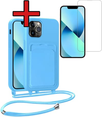 Hoesje Geschikt voor iPhone 13 Pro Hoesje Met Telefoonkoord en Pasjeshouder Met Screenprotector Siliconen - Hoes Geschikt voor iPhone 13 Pro Hoesje Met Kaarthouder Case - Lichtblauw