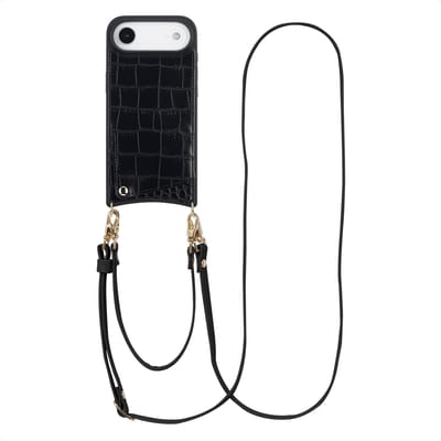 Selencia Hoesje - Geschikt voor Apple iPhone 17 Air - Croco Backcover met koord en pashouder - Zwart