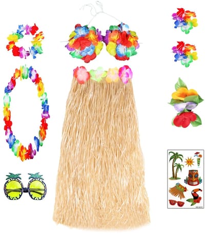 Dailygoods- Hula Rok Set - Veelkleurig - 9 Stuks - Bloemenarmbanden/Bloemenhoofdband - Bloem Bikini Top - Ananas Zonnebril - Polyester Materiaal - Tropenoutfit