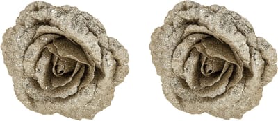 2x stuks decoratie bloemen roos champagne glitter op clip 18 cm - Decoratiebloemen/kerstboomversiering