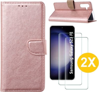 Hoesje Geschikt Voor Samsung Galaxy S23 FE hoesje bookcase Rose Goud Met screenprotector / 2X Beschermglas