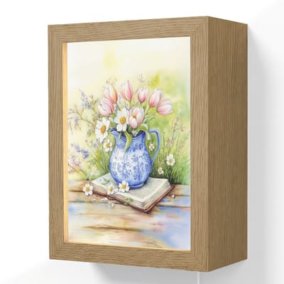Wandlamp 15x20 cm - Oplaadbaar - Vaas - Delftsblauw - Madeliefjes - Wandlampen binnen woonkamer - Slaapkamer lamp met kabel - Decoratieve nachtlamp - Vloerlamp snoer