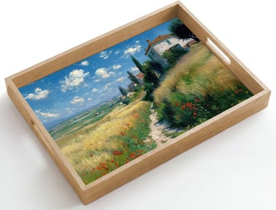 Dienblad hout 50x35 cm - Schootdienblad - Zandpad - Huis - Bomen - Grasveld - Borrelplank rechthoek - Plateau dienbladen