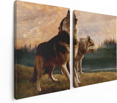 Artaza Canvas Schilderij Tweeluik Twee Wolven Op Het Gras - 120x80 - Foto Op Canvas - Canvas Print