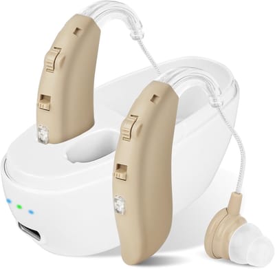 Hoorversterker - 2 stuks, ruisonderdrukkingsfunctie, oplaadbare apparaten, ergonomische pasvorm, lange batterijduur, hoge resolutie geluidskwaliteit, met opbergdoos