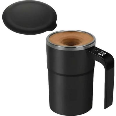 GELLDG Automatische roerbeker - met deksel - met temperatuurweergave - oplaadbaar - slimme koffiebeker - metalen automatische roerbeker - geschikt voor koffie en melk - zwart - 380 ml
