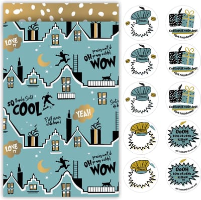 Sinterklaas Cadeauzakjes Blauw Groen Goud - 10 Stuks - 12 x 19 cm - Inclusief 10 Sluitstickers