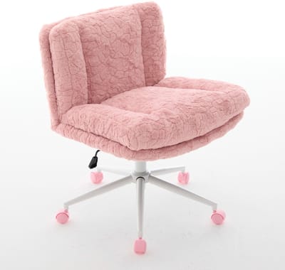 Roze pluche bureaustoel - Make-up stoel - In hoogte verstelbaar - 360 graden draaibaar - Brede zitting - Voor thuiskantoor - 67cm - Roze