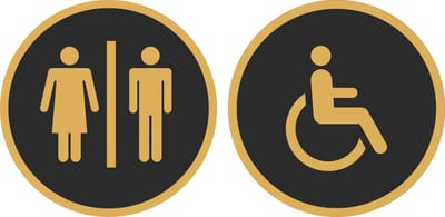 12,5 cm Rond 2 bordjes man/vrouw-invalide Zwart - Goud | Toilet - WC bordjes | 125 mm rond 3 mm dik | Zwart Goud | Bio plastic