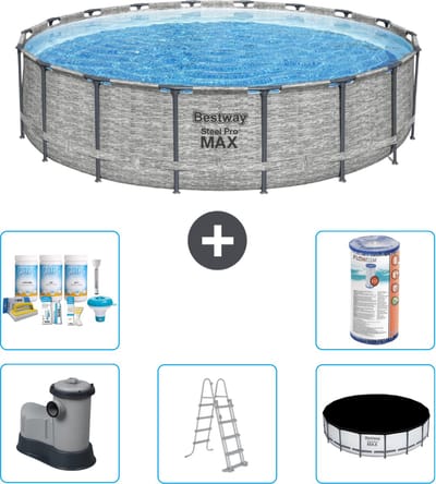 Bestway Rond Steel Pro MAX Zwembad - Steenprint - 549 x 122 - Inclusief Pomp - Ladder - Afdekzeil Onderhoudspakket - Filter