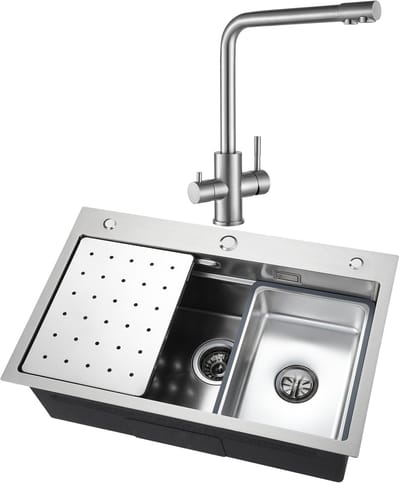 CECIPA max Spoelbakken met Kraangat 70x45 cm - Spoelbak Keuken Met 3 Wege Keukenkraan - Multifunctionele Spoelbak - Incl. Sifon en Afvoerzeefje - Gootsteen Voor Roestvrij staal