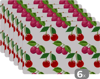Placemat - Placemats kunststof - Kersen - Patronen - Fruit - 45x30 cm - 6 stuks - Hittebestendig - Anti-Slip - Onderlegger - Afneembaar