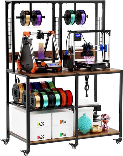 Clruro 3D printer werkbank - dubbele 3D printer standaard met filamentopslag T-frame en wielen - werkstation voor 2 printers - metaal - zwart