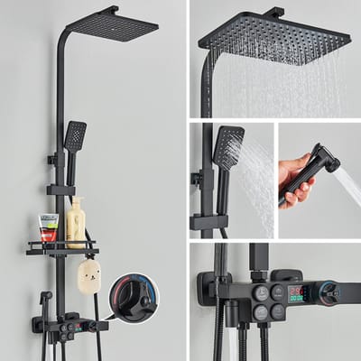 Currero Massage Douchepaneel - Regendouche - Douche Waterval - Jets - Met Douchekop - Handdouche - Roestvrij Staal - Met Display - Zwart