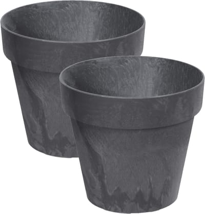 Prosperplast Bloempot/plantenpot - Set van 2x stuks - betonlook - antraciet - kunststof - Dia 14 cm - buiten/binnen