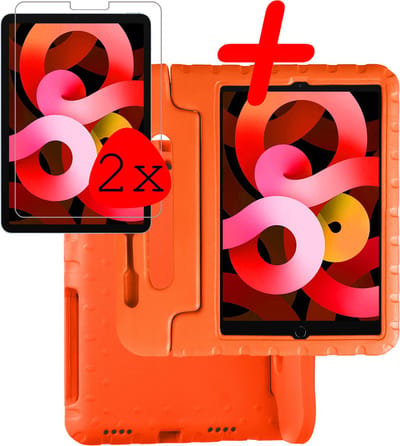 Hoesje Geschikt voor Apple iPad Air 5 (2022) - 10.9 inch - 5e Generatie - M1 - Met 2x Screenprotector - Kinderhoes Shockproof Bumper - Kidsproof Case - Tablet Hoes - Kinder Hoes Cover - Oranje