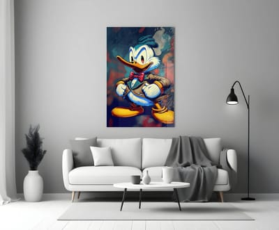 Glasschilderij – Grappige Eend Illustratie – Cartoon Stijl – Moderne Wanddecoratie - 72 x 46 cm