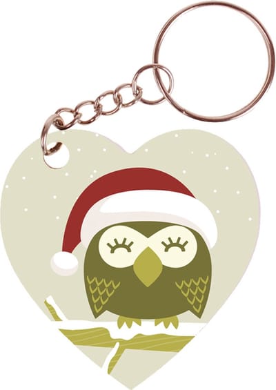Sleutelhanger hartje 5x5cm - Illustratie Uil Kerst met Sneeuw