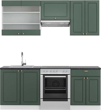 Vicco Fame-Line Complete keukeneenheid – 200 cm, WB Antraciet Groen-Goud Landhuis/Wit