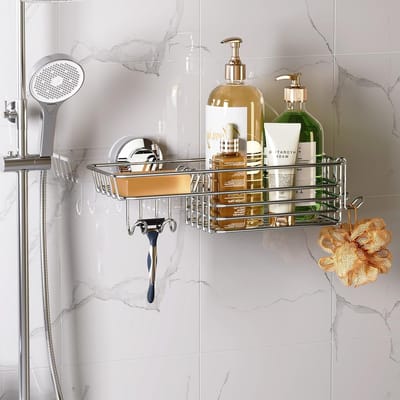 Douche Caddy met Zuignap en Haken - Heavy Duty Organisator voor Badkamer en Keuken, Max Hold 10KG, Ideaal voor Shampoo en Toiletartikelen, Roestvrij Staal