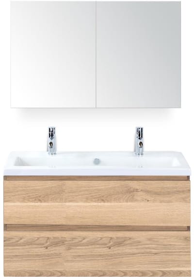 Vogue Badmeubelset 100 cm - Greeplijst in Kleur - Grey Oak - Keramische Wastafel Wit 2 Kraangaten met Spiegelkast