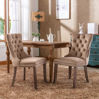 Eetkamerstoelen - Set Van 2 - Gestoffeerde eetkamerstoel - Eettafelstoel - Eetkamerstoelen - Stoel - Flueel - Houten stoelpoten - Modern Design - Khaki
