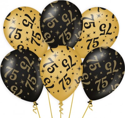 75 jaar verjaardag feest ballonnen - 6x stuks - zwart/goud - leeftijd - 30 cm - versiering - feestartikelen