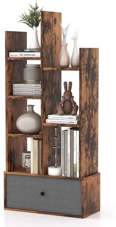 CORE Boekenkast - Boomstronk geïnspireerd - Staande plankenkast - Met lade en 7 vakken - Industriële stijl - 53x24x118cm - Rustiek Bruin