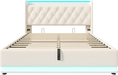 Gotagee Gestoffeerd bed 160x200cm tweepersoonsbed (zonder matras) wit PU hydraulisch opbergbed met USB type-C oplaadfunctie en 360-surround LED met app/afstandsbediening