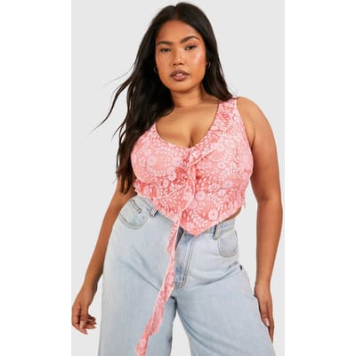 boohoo Dames Plus Corset Top met Ruffles en Kant aan de Voorzijde | Roze | Maat: 50
