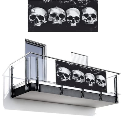 Balkonscherm 200x90 cm - Balkonposter Schedels - Zwart - Contrast - Balkon scherm decoratie - Balkonschermen - Balkondoek zonnescherm