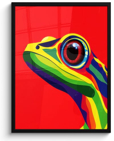 Poster in lijst - Fotolijst 60x80 cm - Posters - Kikker - Kleurrijk - Strepen - Ogen - Posterlijst zwart - Decoratie - Wanddecoratie woonkamer - Muurdecoratie slaapkamer