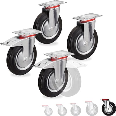 zwenkwielen set van 4 - Ø 200 mm - kogellager - draaglast 800 kg - met rem - zwart