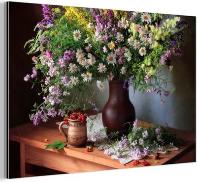 Aluminium schilderij 180x120 cm - Wanddecoratie metaal - Bloemen - Tafel - Stilleven - Boeket - Vaas - Metalen muurdecoratie woonkamer - Decoratie industrieel - Foto op dibond - Industriële accessoires slaapkamer