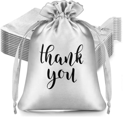 20x Satijnen Cadeau Zakjes Met Print - Satijn Zakje Met Opdruk - Zachte Cadeau Zakjes - Feestzakjes - Snoepzakjes - Uitdeelzakjes - Sieradenzakjes - Thank You Classic - 10x15cm - Zilver - 20 Stuks