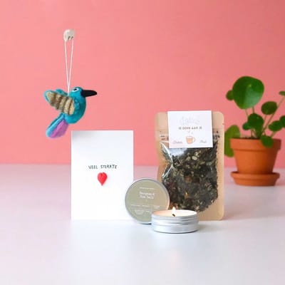 Troost Cadeau - Brievenbus Cadeau Sterkte - Ik denk aan je Cadeau - Sterkte Cadeau - Ik denk aan je Thee, Theezeefje & Dinerkaars Duif - Relatiegeschenk Brievenbuspakket