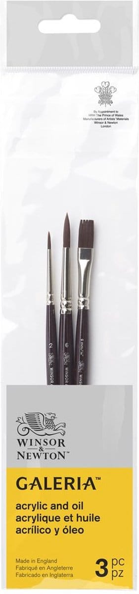 Winsor & Newton 5790608 Galeria Acrylpenseel Set – 3 Synthetische Penselen voor Acrylschilderen (Korte Steel - Rond 2, Rond 6, One-Stroke 6 mm)