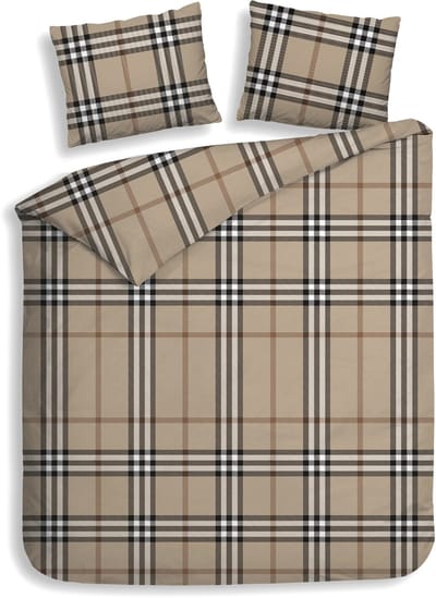 Heckettlane Dekbedovertrek Leonardo - Bedlinnen met Ruiten print - 240x200-220 cm - Lits-Jumeaux - Beige - Dekbedovertrek van 100% Katoen-Flanel