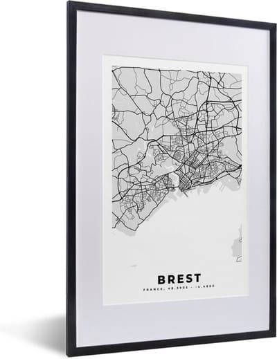Fotolijst incl. Poster - Kaart - Stadskaart - Frankrijk - Brest - Plattegrond - 40x60 cm - Posterlijst
