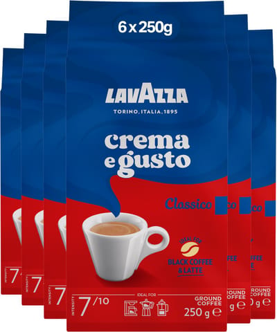 Lavazza Crema e Gusto Filterkoffie - Gemalen Koffie - Blend van Arabica & Robusta Bonen - Intensiteit 7/10 - 6 x 250 gram