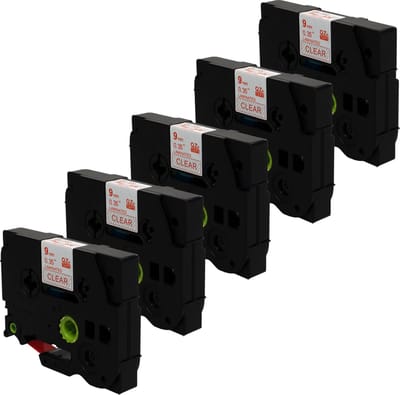 DULA Brother Compatible label tape- Tze-122 - 5 cassettes - Brother P-Touch - Rood op transparant - 9mm x 8m
