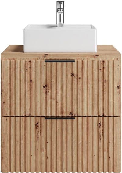 Vente-unique Opgehangen badkamermeubel met houtnerfpatroon en vierkante opbouwwastafel - Licht naturel - B60 cm - ZEVARA