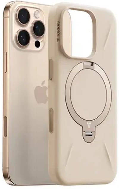 TORRAS Ostand Q Pro Silicone - Hoesje Geschikt voor Apple iPhone 16 Pro - Compatibel met MagSafe - 360° Draaibare Magnetische Standaard - Back Cover Kickstand Ring - Beige